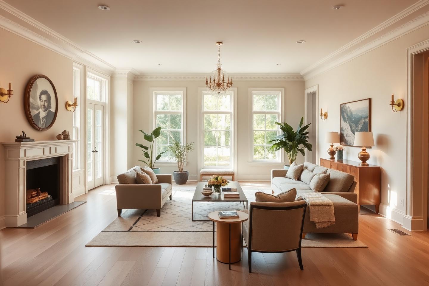 Bright renovated East Dallas living room with white oak floors and brass fixtures